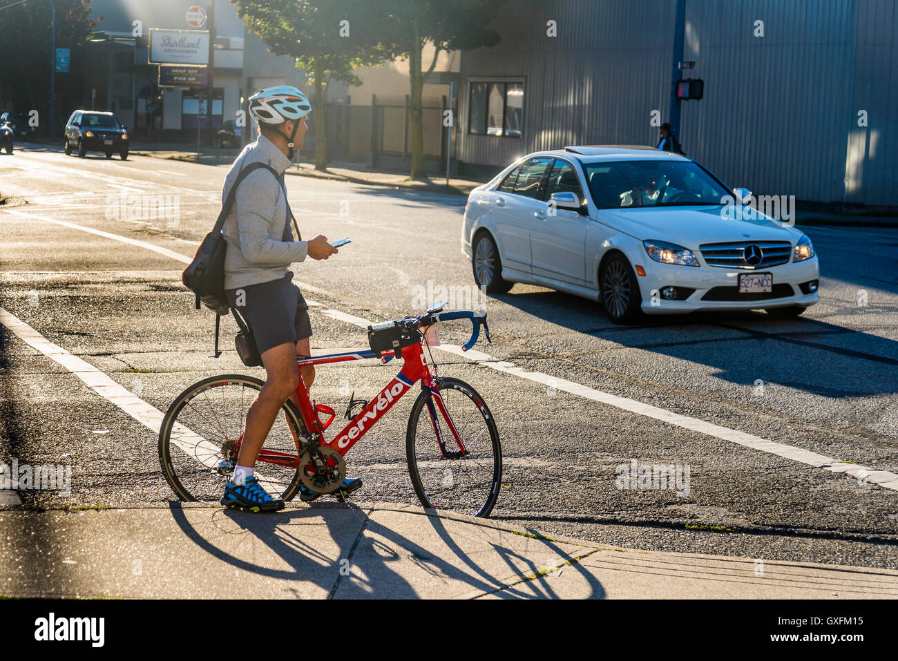 Radfahrer überprüft Handy, wie er an Kreuzung wartet Stockfoto