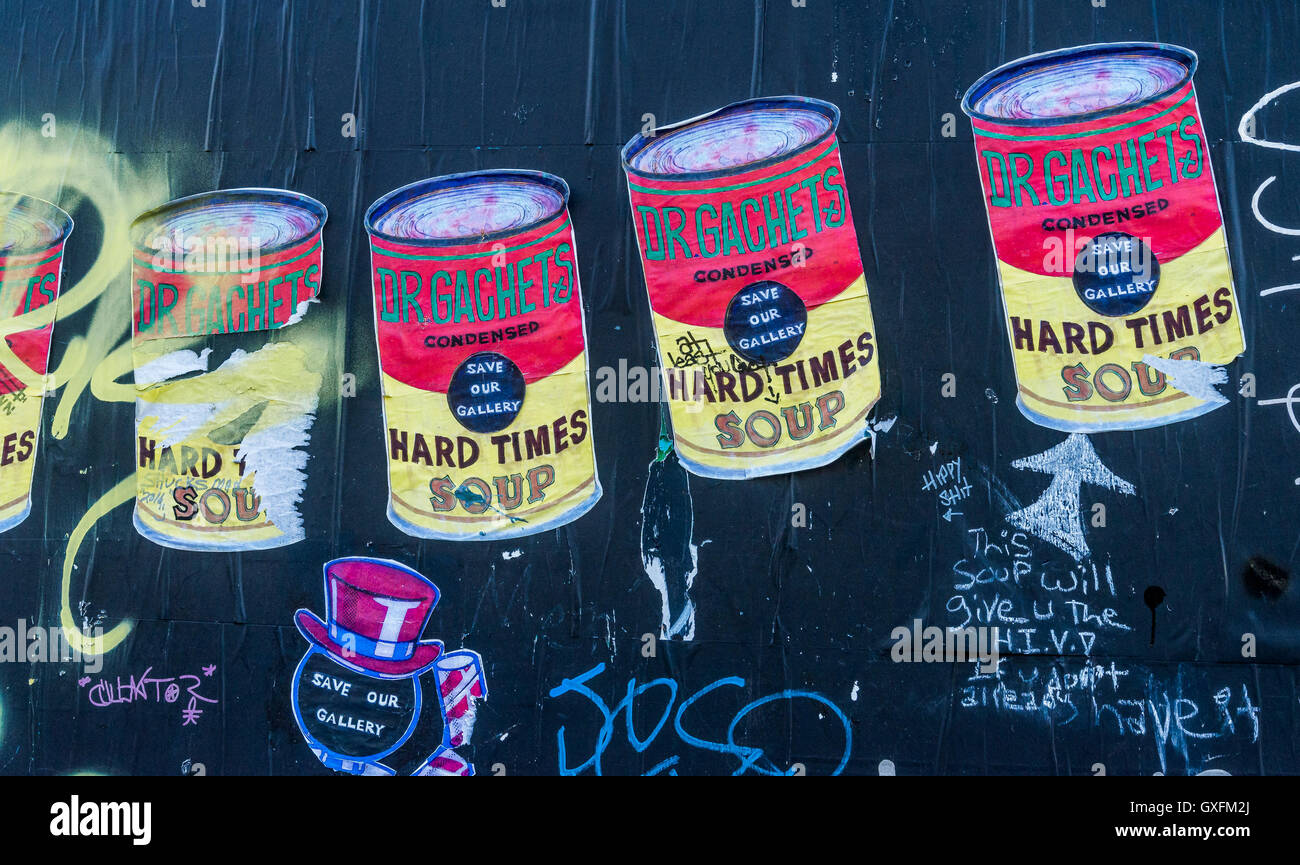 Die Suppe kann Graffiti-Kunst, Downtown EastSide, Vancouver, Britisch-Kolumbien, Kanada, Stockfoto