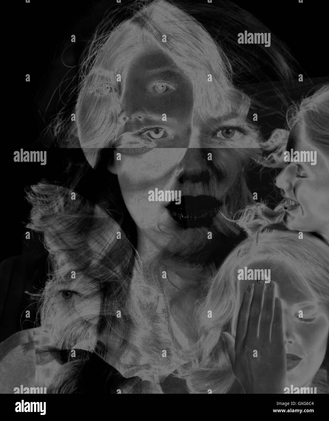 Mehrfachbelichtungen Gesicht des kaukasischen Frau Stockfoto
