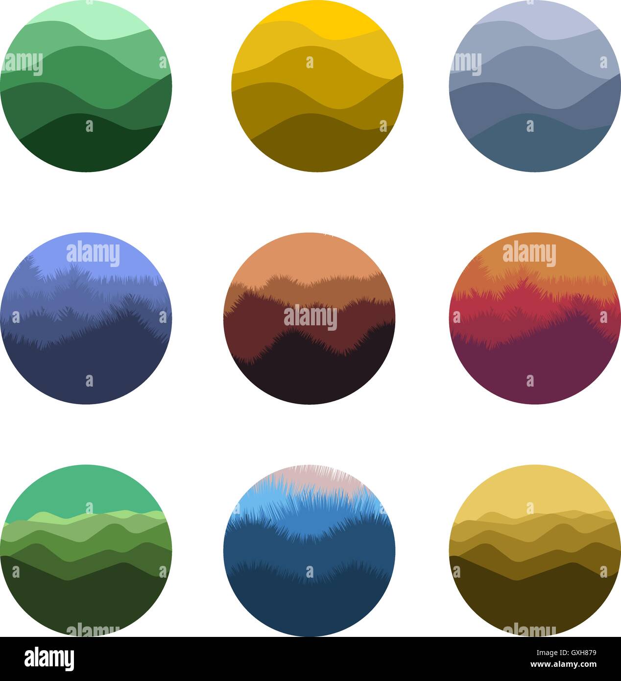 Isolierte abstrakte bunte Runde Form wilde Natur Silhouetten Logo eingestellt. Natur-Logos-Sammlung. Schöne Landschaften Symbole. Vektor-Illustration. Stock Vektor