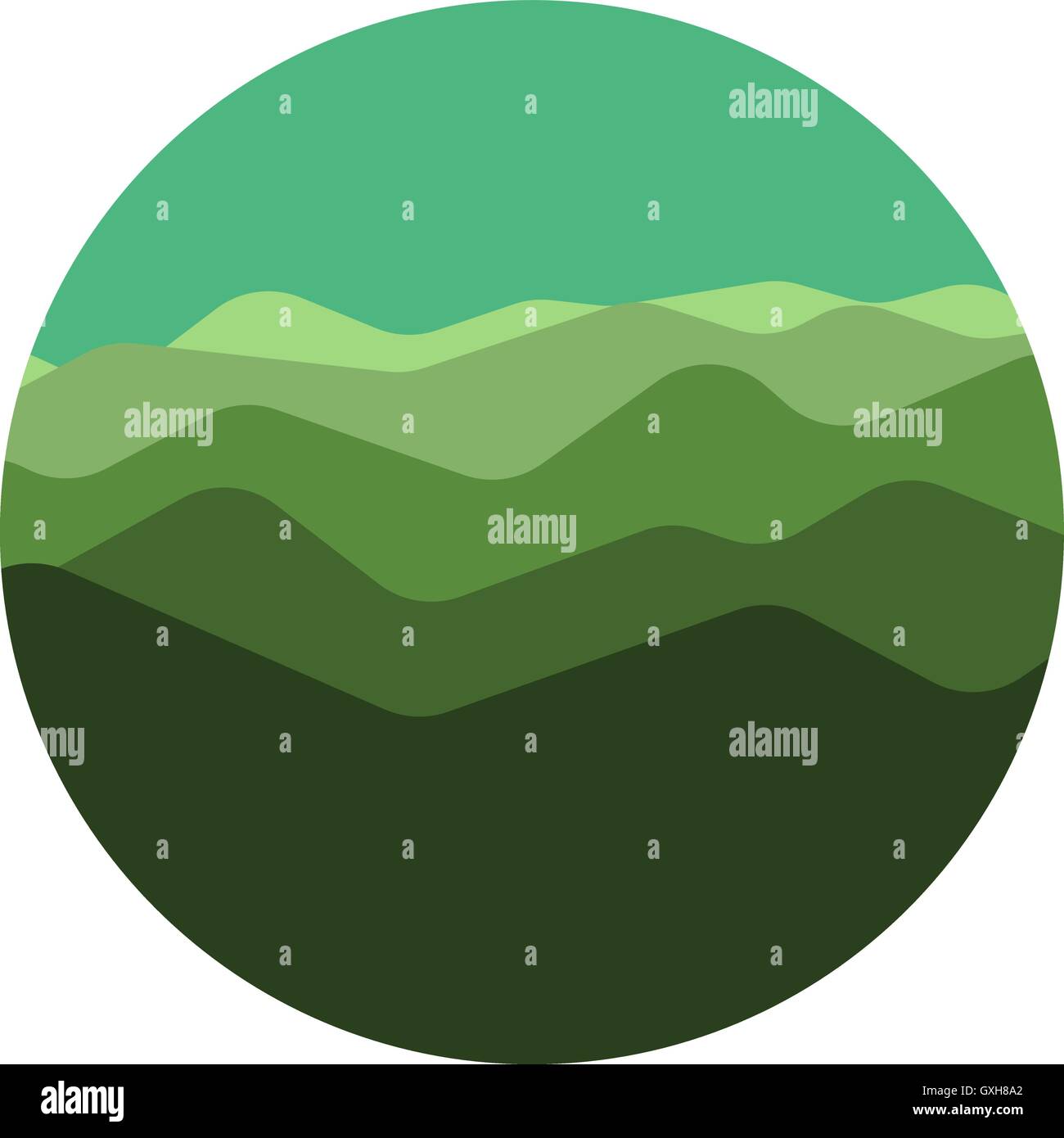 Isolierte Rundform grün Farbe Natur Panorama Logo. Berge-Schriftzug. Wasser-Wellen-Symbol. Natürliche Umgebungsbild. Vektor-Illustration. Stock Vektor