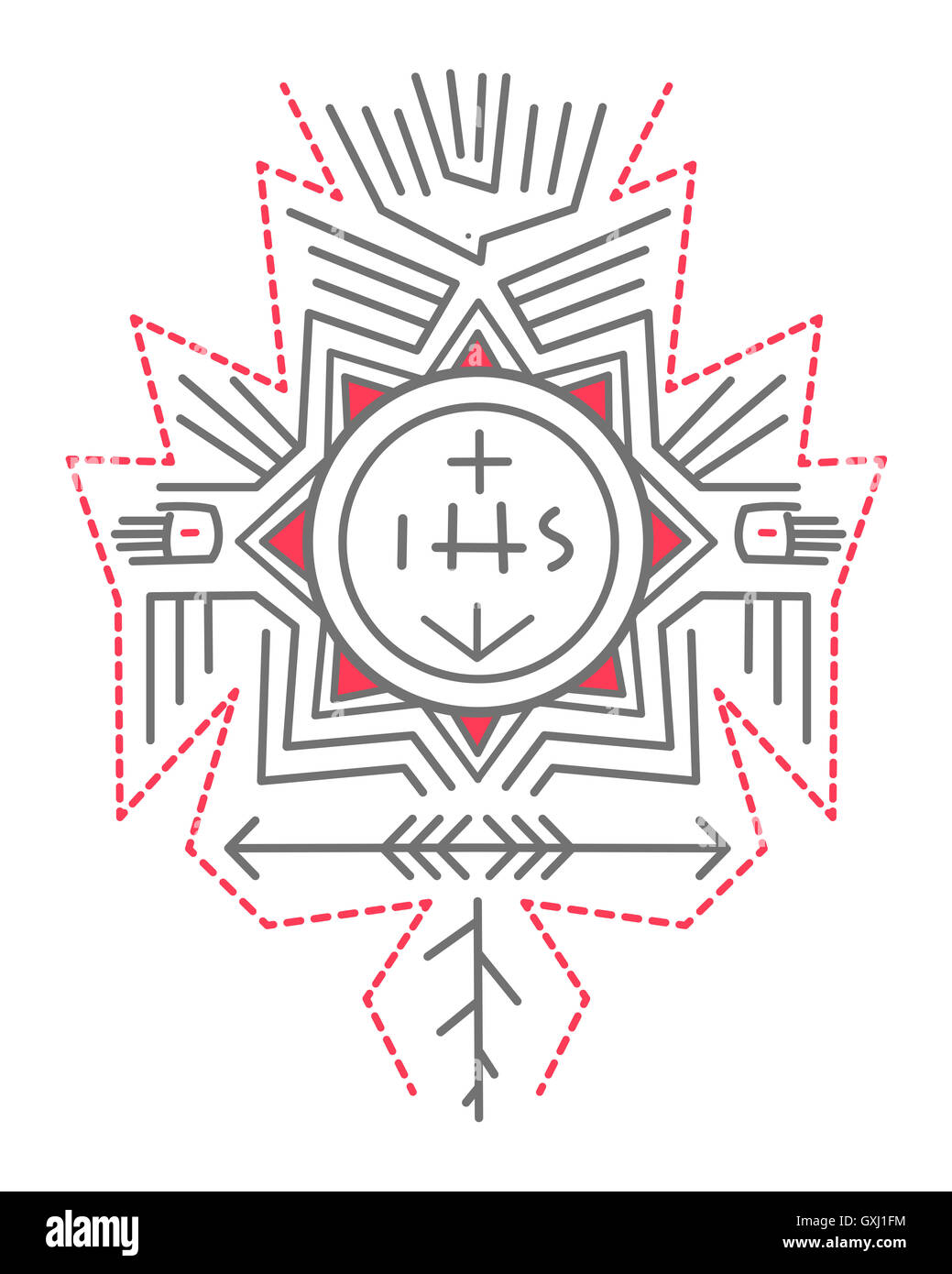 Vektor-Illustration von Hand gezeichnet oder Zeichnung einer Komposition von religiösen Symbolen im einheimischen Stil Stockfoto