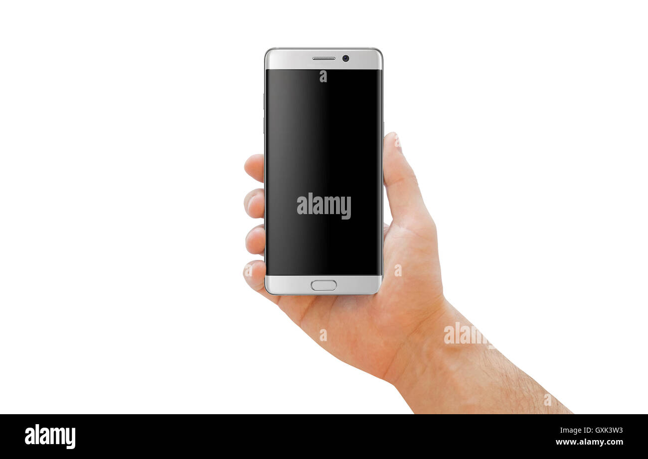 Weiße moderne Smartphone mit gebogenen Rand in der Hand des Menschen für Mock-up. Isolierte Hintergrund. Stockfoto