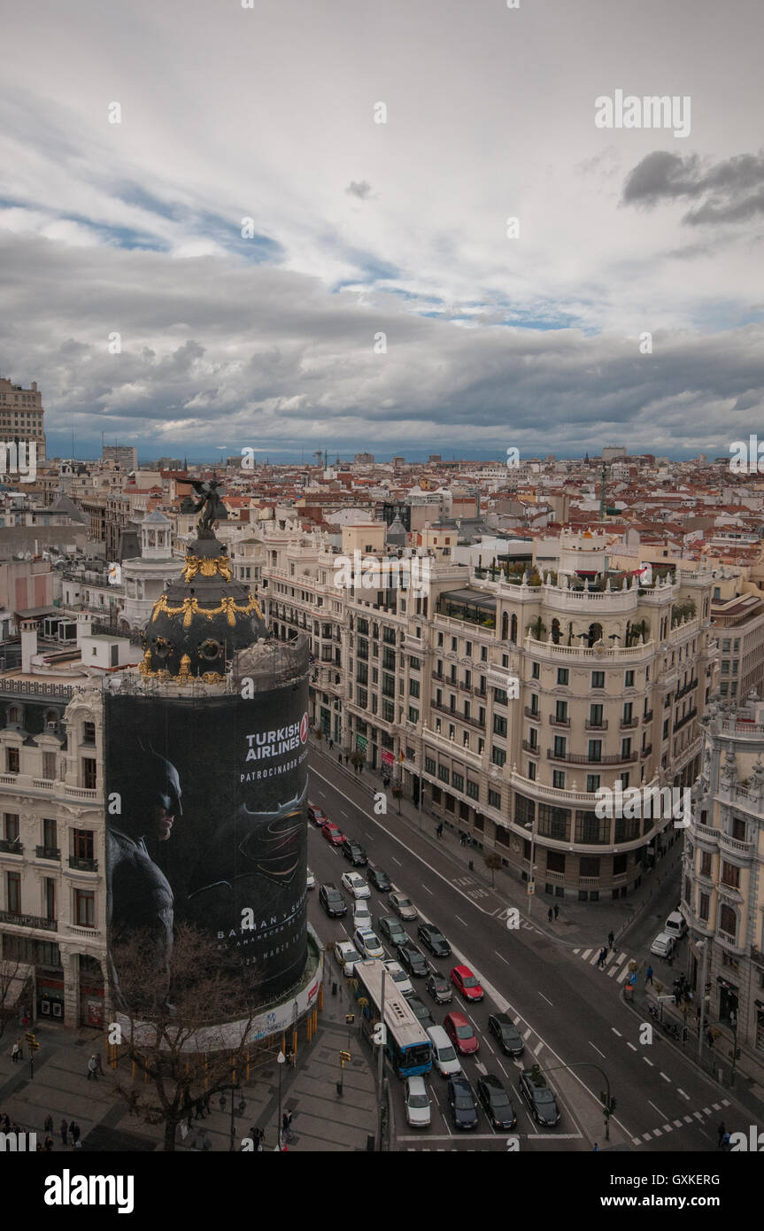 Der Blick über Madrid von Circulo de Bella Artes Dachterrasse, Madrid, Spanien, April Stockfoto