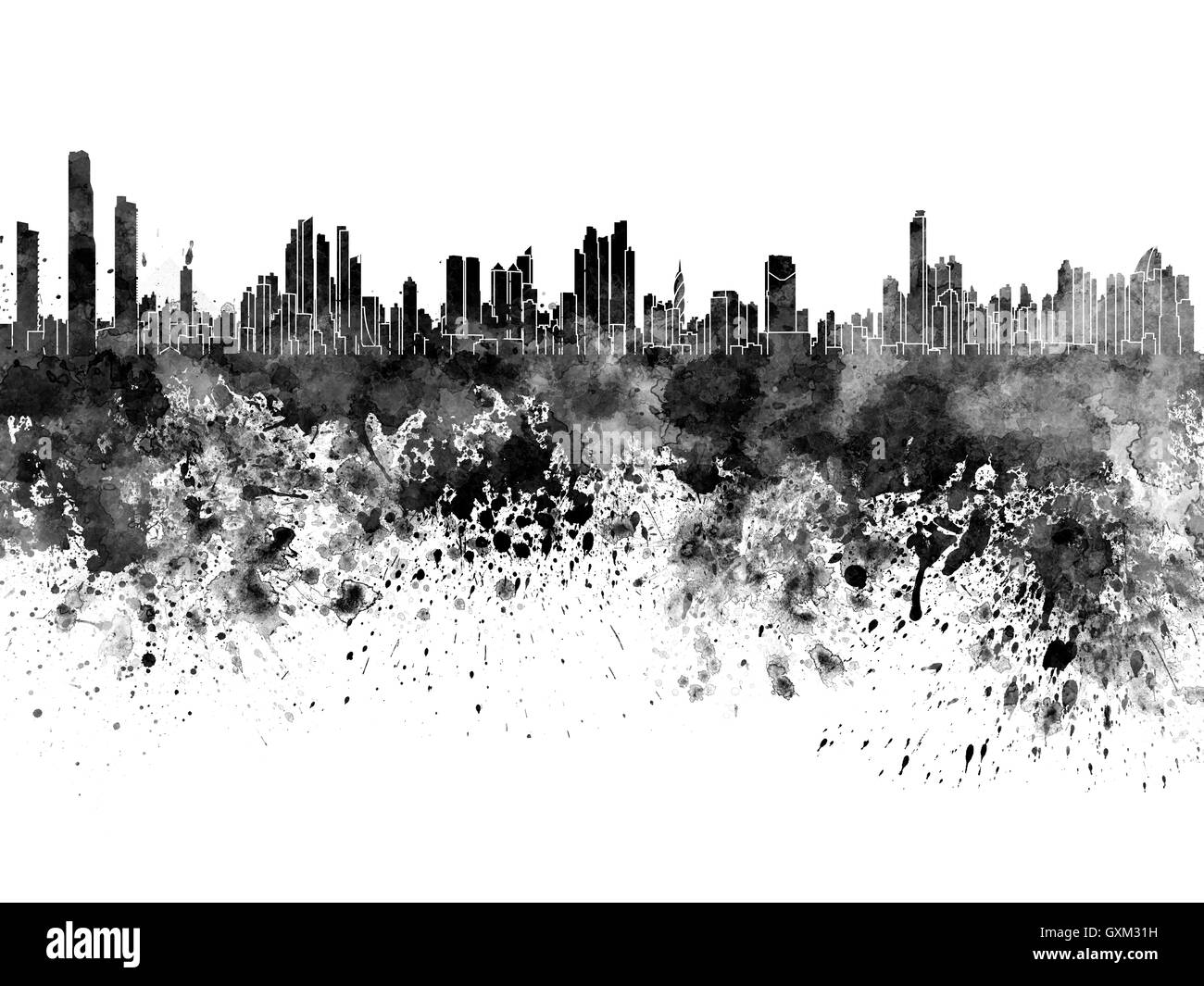 Panama-Stadt Skyline im schwarzen Aquarell auf weißem Hintergrund Stockfoto