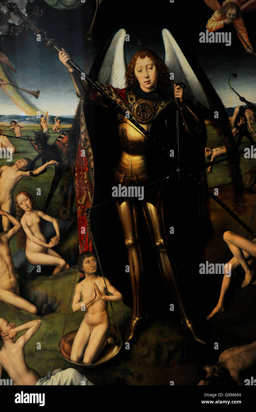 Hans Memling (1430-1494). Deutscher Maler. Das jüngste Gericht, 1467-1471. Triptychon. Detail. Mitteltafel. Der Sünder. St. Michael rechten Waagschale ist ein Spender-Porträt von Tommaso Portinari. National Museum. Danzig. Polen. Stockfoto