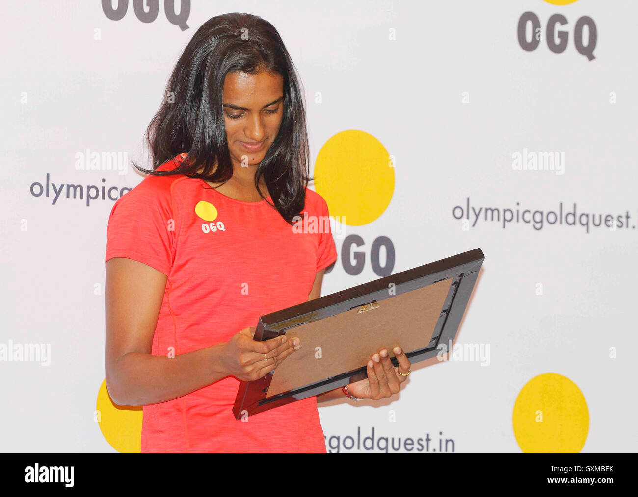 Indische Badmintonspielerin Rio Olympia-Silbermedaillengewinner P V Sindhu Glückwünsche Funktion organisiert OGQ Mumbai Stockfoto