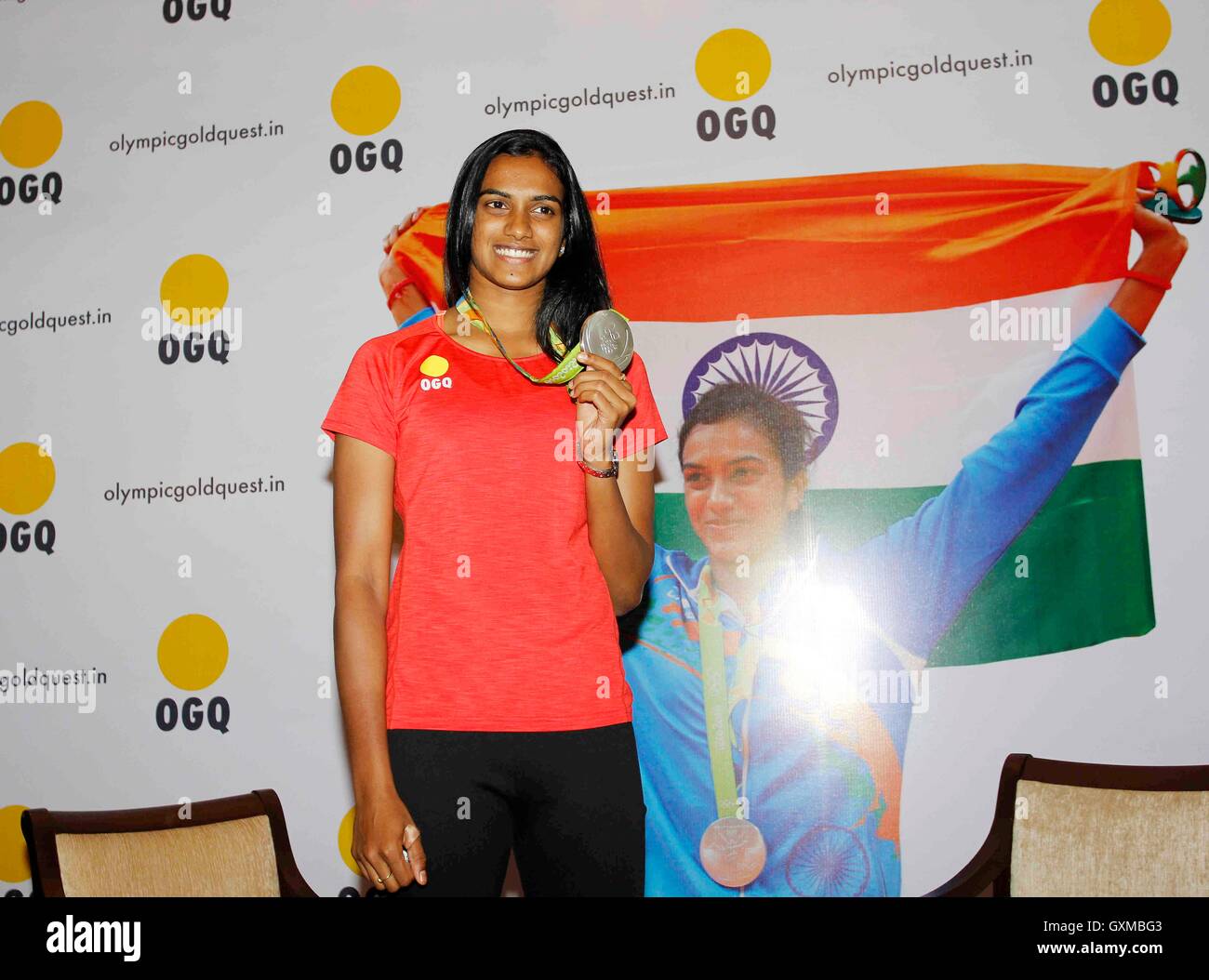 Indische Badmintonspielerin und Rio Olympia Silber Medallist P V Sindhu Glückwünsche Funktion organisiert OGQ Mumbai Stockfoto