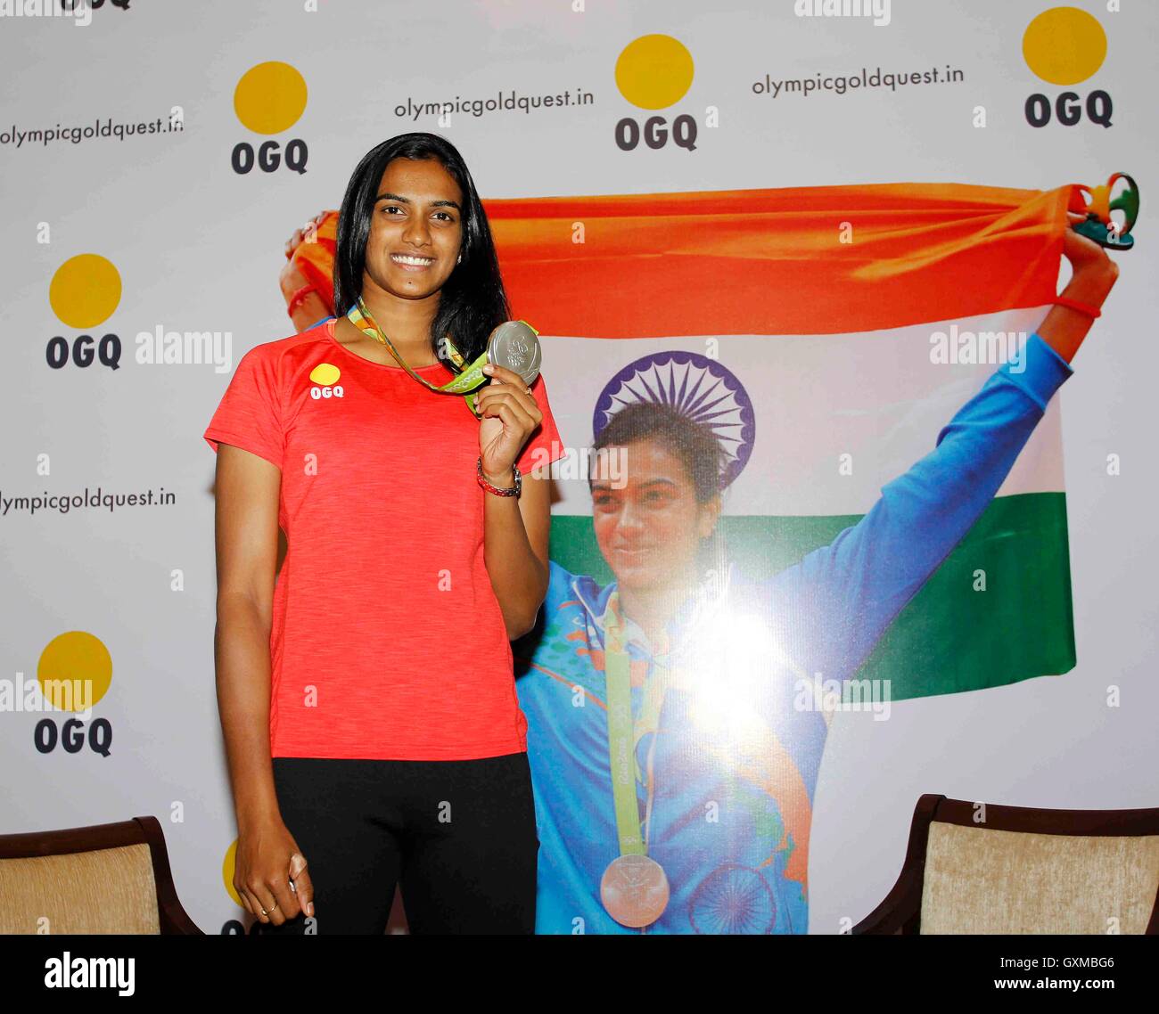 Indische Badmintonspielerin Rio Olympia-Silbermedaillengewinner P V Sindhu Glückwünsche Funktion organisiert OGQ Mumbai Stockfoto