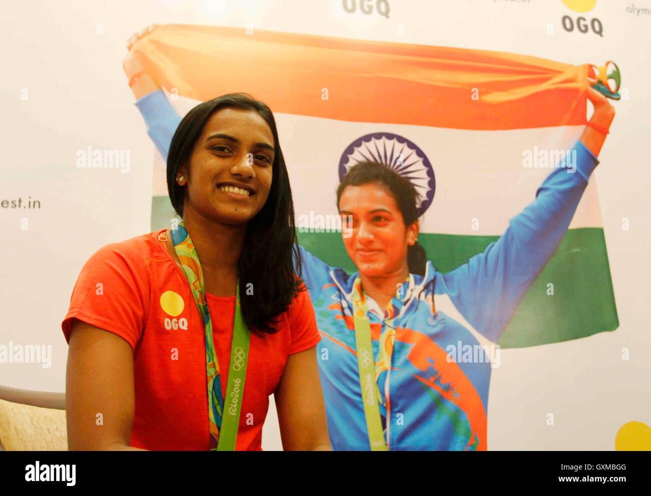 Indische Badmintonspielerin und Rio Olympia Silber Medallist P V Sindhu während die Glückwünsche Funktion organisiert OGQ Mumbai Stockfoto