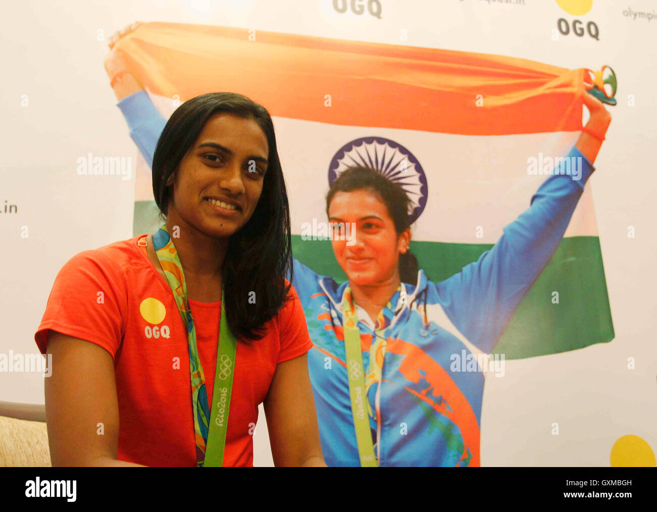 Indischer Badmintonspieler und Silbermedaillengewinnerin der Olympischen Spiele in Rio P V Sindhu während der Begeisterungsfunktion OGQ Bombay Mumbai Maharashtra India Stockfoto