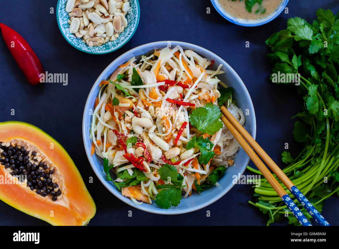 Pochiertes Hühnchen, Kraut und Papaya Salat mit Reisnudeln und Koriander Stockfoto