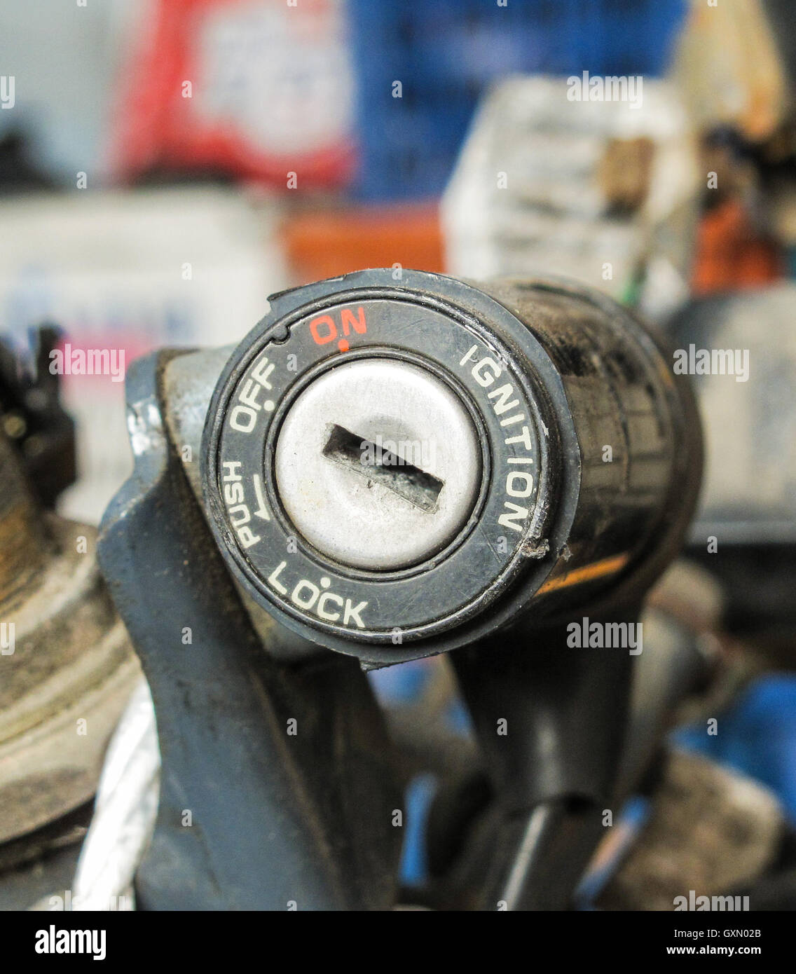 Nahaufnahme von Oldtimer Motorrad Schlüsselloch, Zündschalter Stockfoto