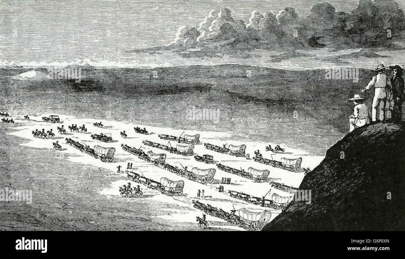 MANIFEST DESITINY nach Westen gerichtete Expansion der Siedler in einem Kupferstich von 1832 Stockfoto