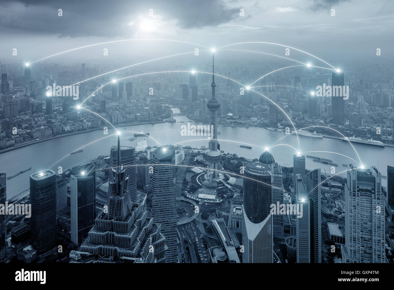 Netzwerk-Verbindung Geschäftskonzept - Netzwerk Verbindung Geschäftssystem auf Stadtbild Hintergrund Stockfoto