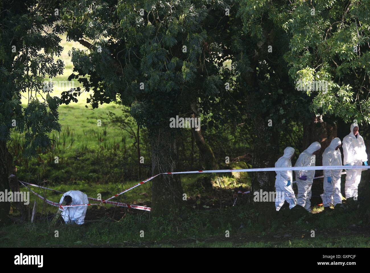 Forensik-Offiziere an Ackerland in Killen, um eine Meile von Castlederg, wo neue Suchergebnisse für Arlene Arkinson im Gange sind. Stockfoto