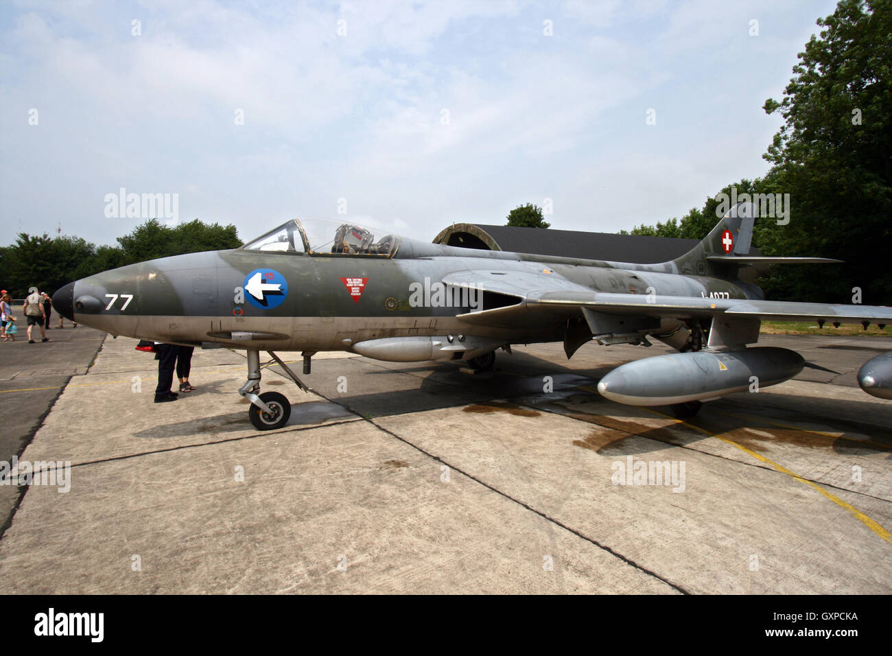 Ehemaliger Schweizer Luftwaffe Hawker Hunter auf dem display Stockfoto