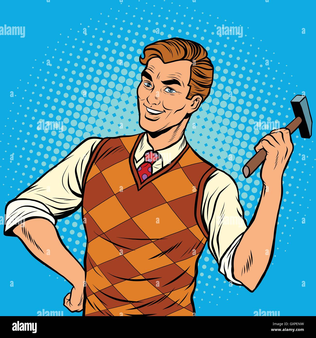 Mann mit einem Hammer Lächeln, Reparaturen zu Hause Stock Vektor