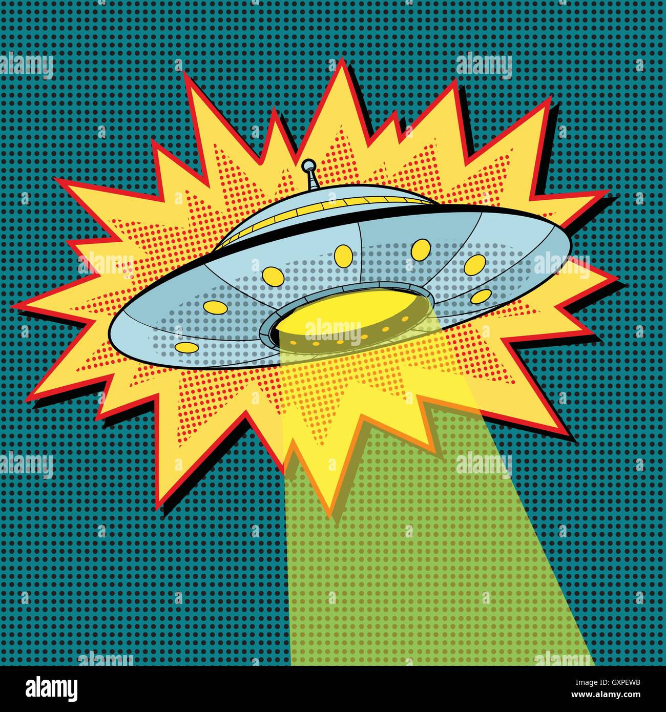 Pop Art UFO mit Lichtstrahl Stock Vektor