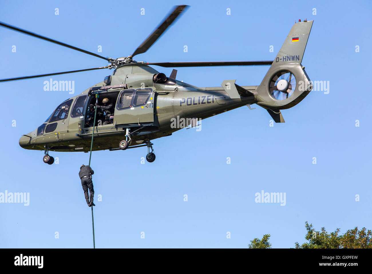 Ausübung eines SWAT-Teams, deutsche Polizei, anti-Terror-Polizei-Einheit, schnell von einem Hubschrauber Abseilen, Stockfoto