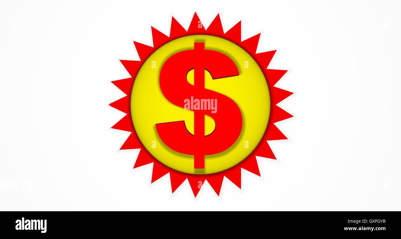 Rot Verkauf Dollarzeichen auf gelben und roten Stern förmigen Hintergrund Stockfoto
