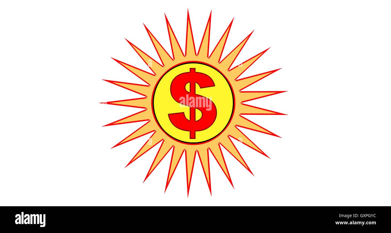 Rot Verkauf Dollarzeichen auf gelben und roten Stern förmigen Hintergrund. Start-Speichen sind extra lang. Stockfoto