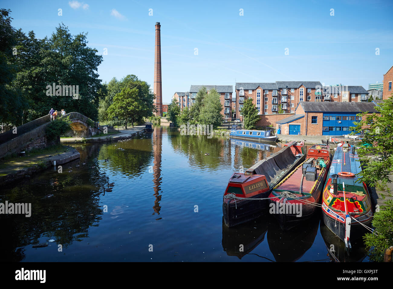 Portland-Becken Kanal Boote Schornstein Lyne Dukinfield Junction Peak Forest Canal Ashton Canal Huddersfield schmaler Stockfoto