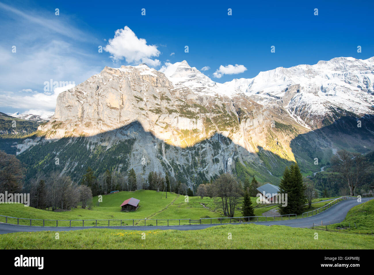 Grüne Felder und berühmten beeindruckende touristische Stadt mit hohen Klippen im Hintergrund, Lauterbrunnen, Berner Oberland, Schweiz Stockfoto