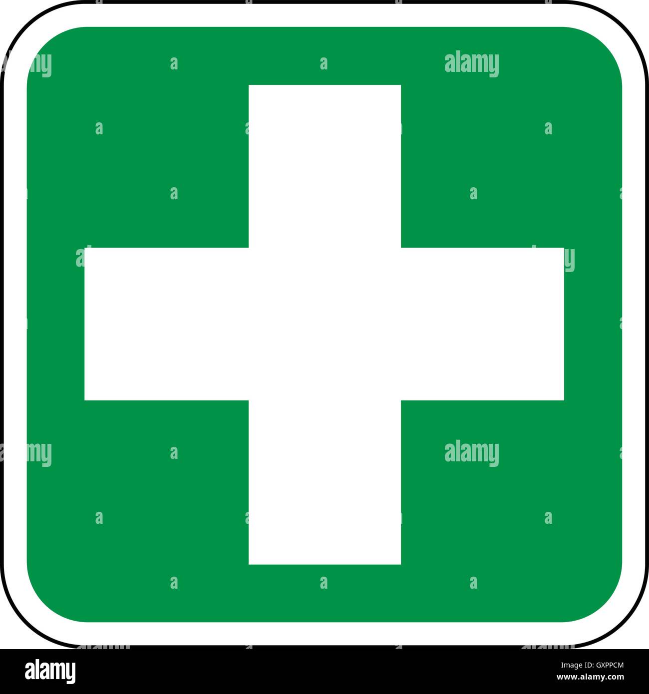 Plakat erste hilfe, erste hilfe, weißes Kreuz auf einem grünen Quadrat Hintergrund, Vector Illustration. Stock Vektor