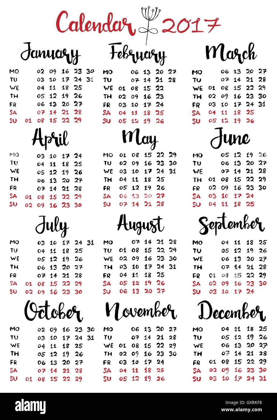 Handgezeichnete Kalender 2017. Woche beginnt am Montag. Moderne Vektor Kalligraphie. Monaten des Jahres Schriftzug für Ihr Design Stock Vektor