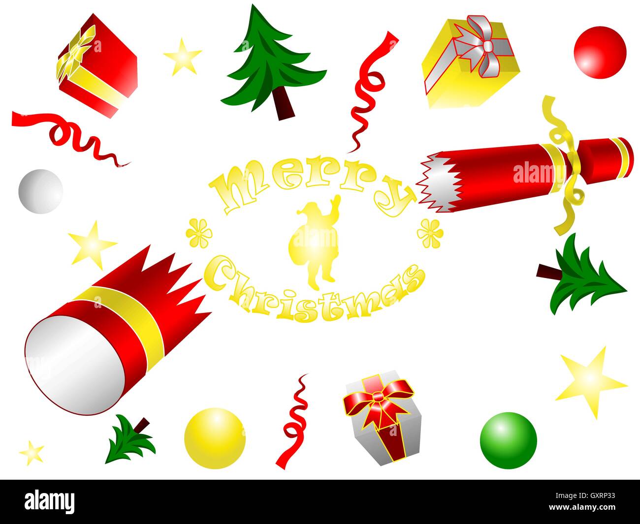 Platzen Sie, Cracker, Bonbon, Geschenkboxen, Kugeln, Sterne, Weihnachtsbäume und Band fliegen mit Text Frohe Weihnachten und der Weihnachtsmann Stock Vektor