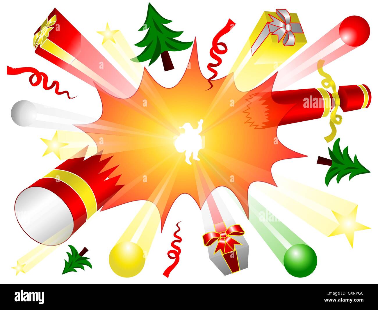 Platzen Sie, Cracker, Bonbon, Geschenkboxen, Kugeln, Sterne, Weihnachtsbäume und Band fliegen mit Text Frohe Weihnachten und der Weihnachtsmann Stock Vektor