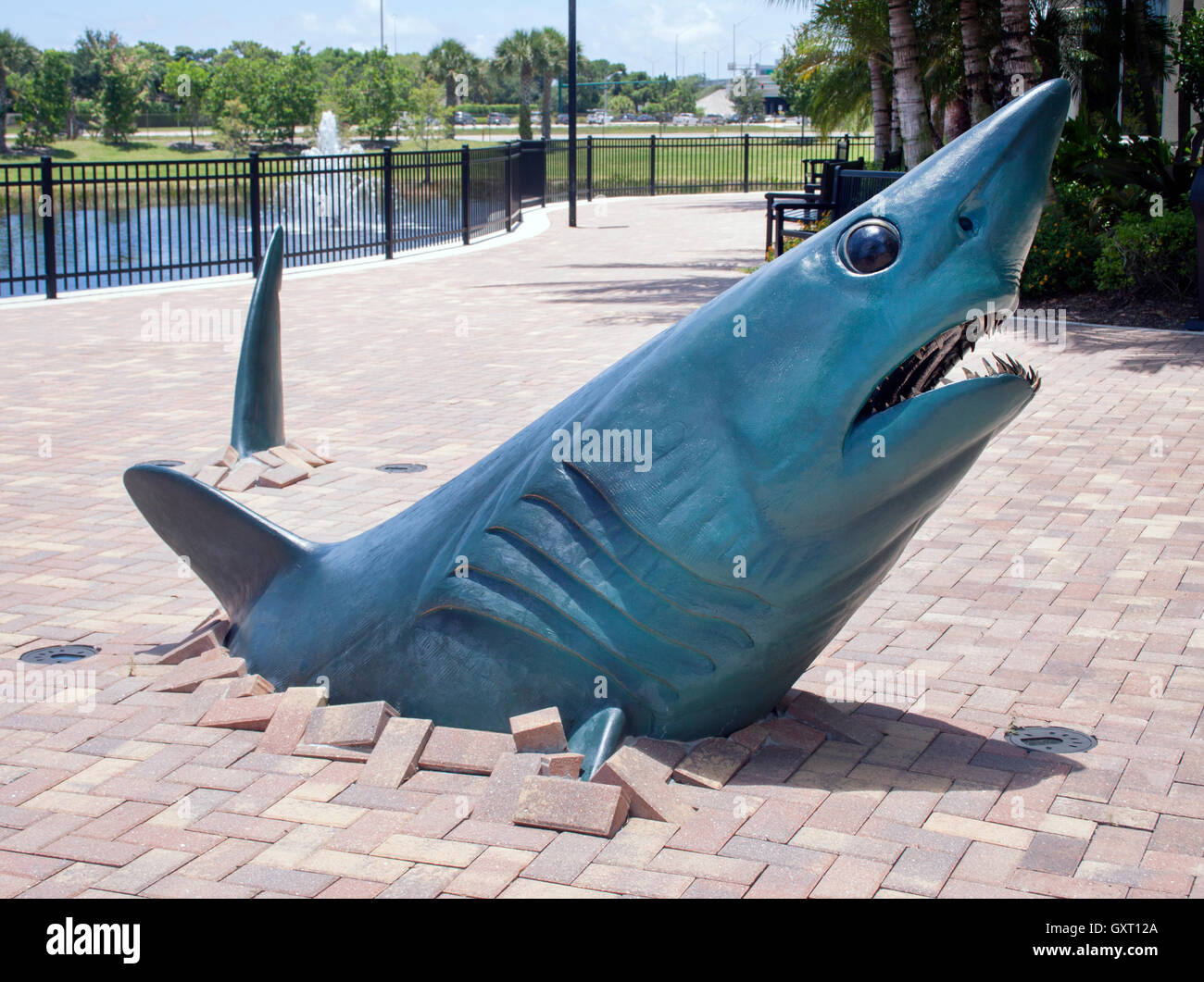 Die Haiskulptur in Palm Beach Gardens, Florida, ist ein beeindruckendes öffentliches Kunstwerk, das die Kraft und Schönheit des Raubtiers des Ozeans einfängt. Stockfoto