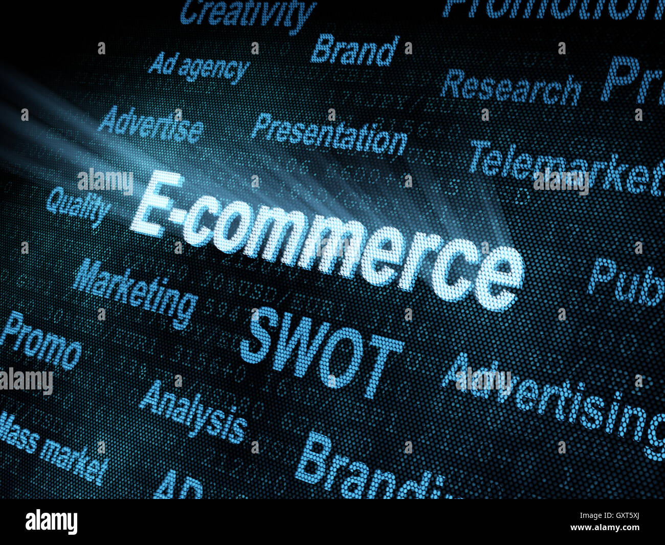Gepixelten Wort E-Commerce auf dem digitalen Bildschirm Stockfoto