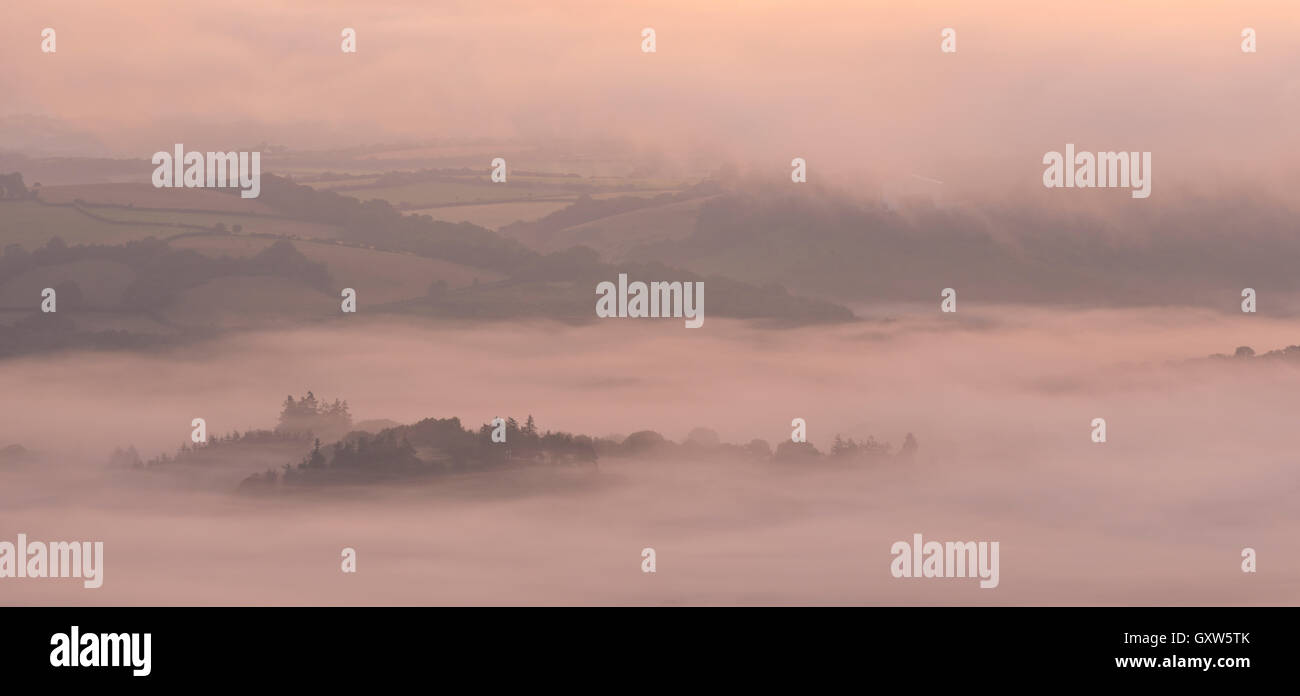 Nebel bedeckt Hügellandschaft an der Dämmerung, Dartmoor National Park, Devon, England. (Juli) im Sommer 2015. Stockfoto