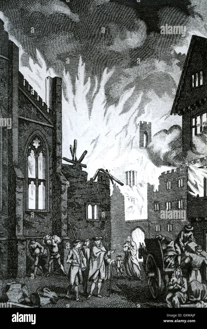 GROßEN Brand von LONDON 1666 von einem in der Nähe von zeitgenössischer Stich Stockfoto