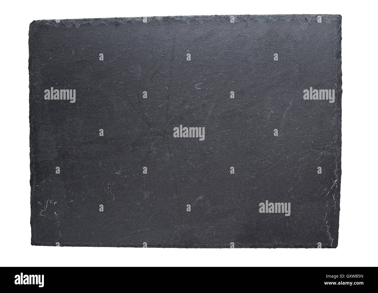 Leere schwarze Schiefer Platte isoliert auf weißem Hintergrund. Schwarzer Stein Stockfoto