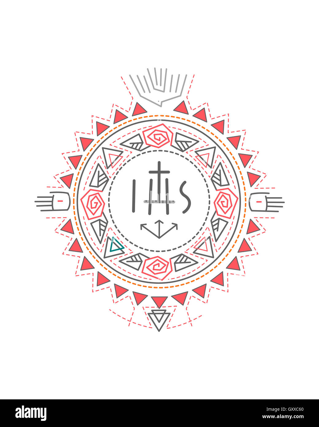 Vektor-Illustration von Hand gezeichnet oder Zeichnung einer Komposition von religiösen Symbolen Stockfoto