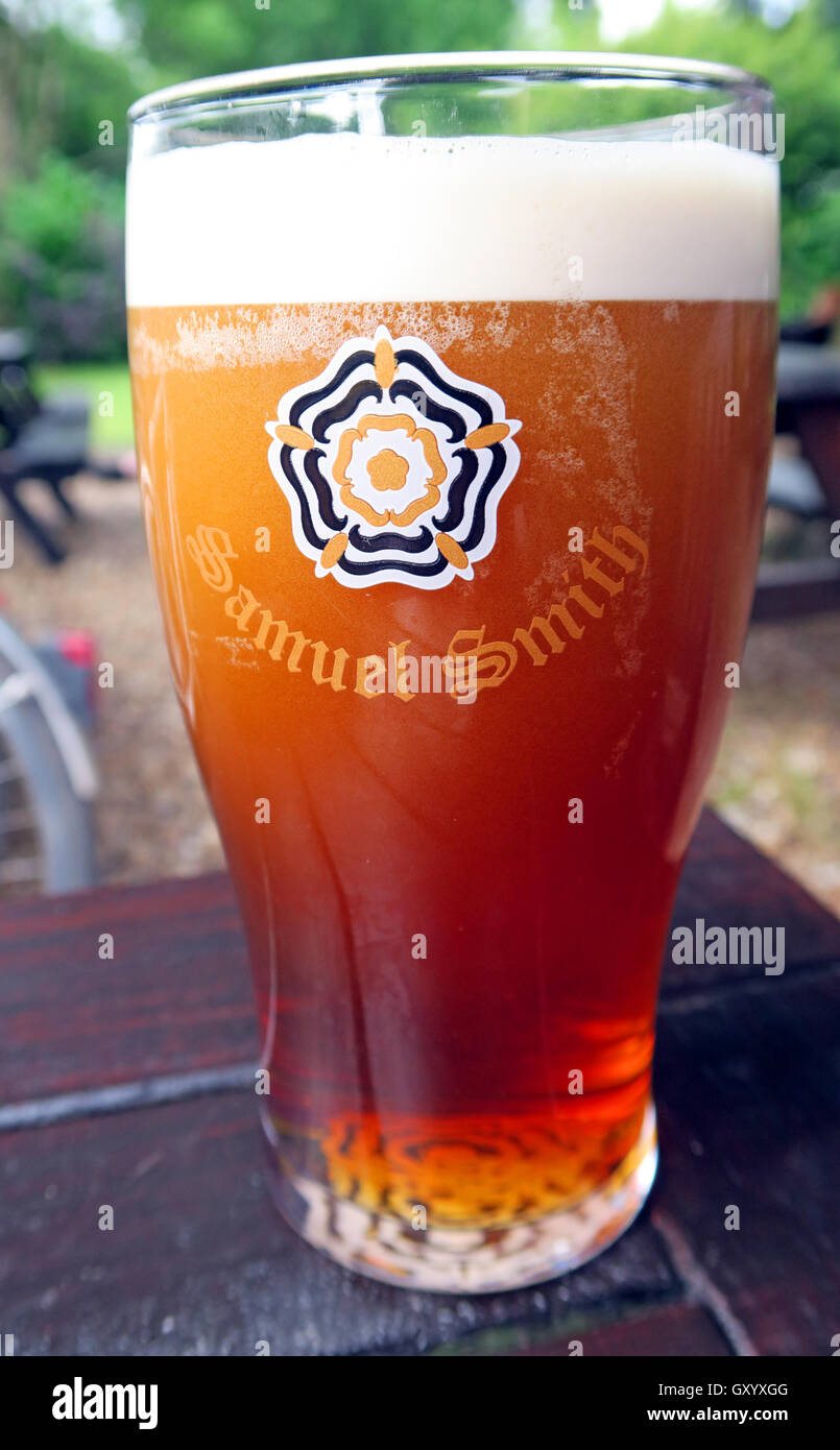 Eine vollständige Pint Sam Smiths alte Brauerei Bitter, Yorkshire, in einem Biergarten Stockfoto