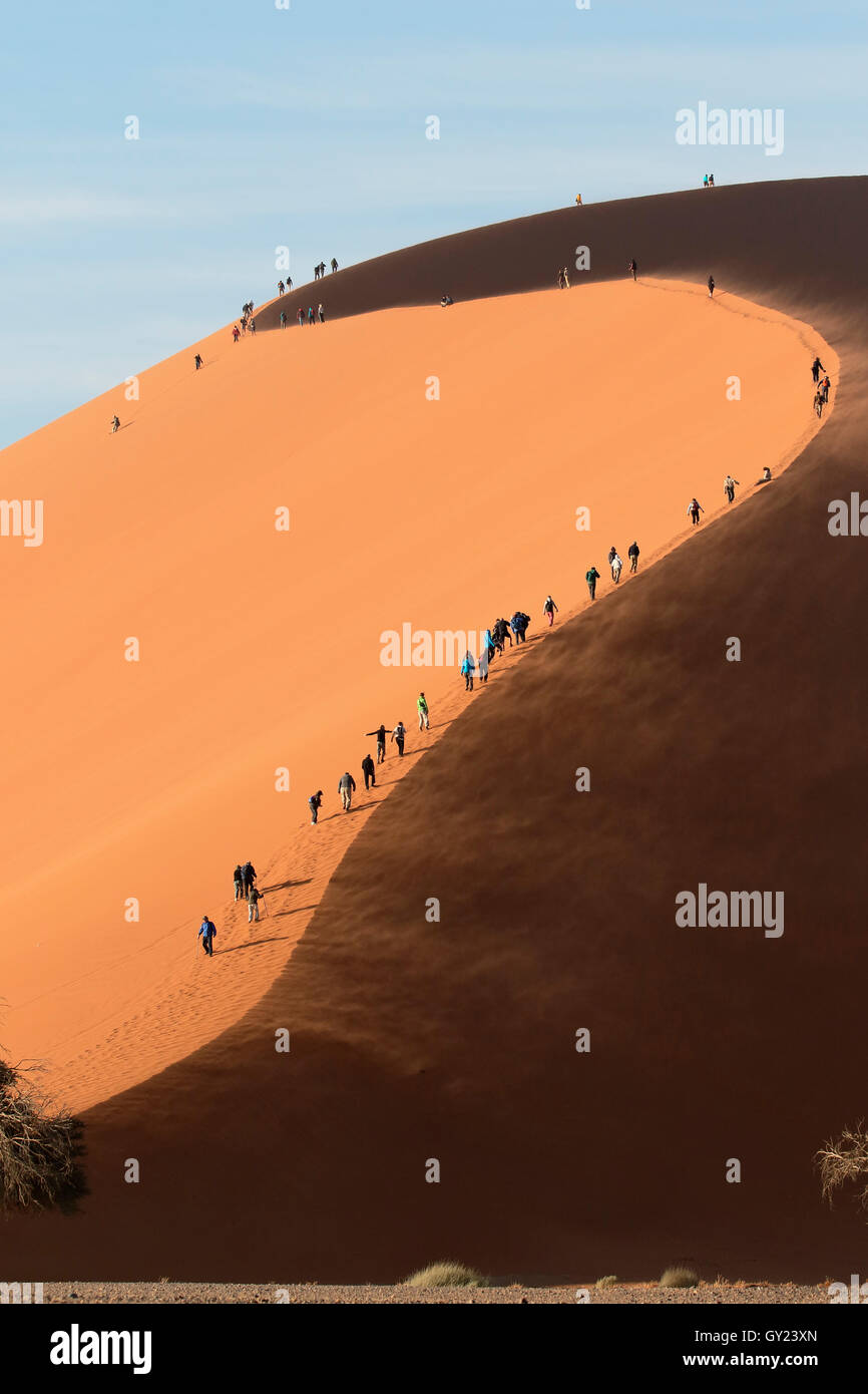 Menschen klettern Sanddünen, Sossusvlei Namib-Naukluft, Namibia, August 2016 Stockfoto