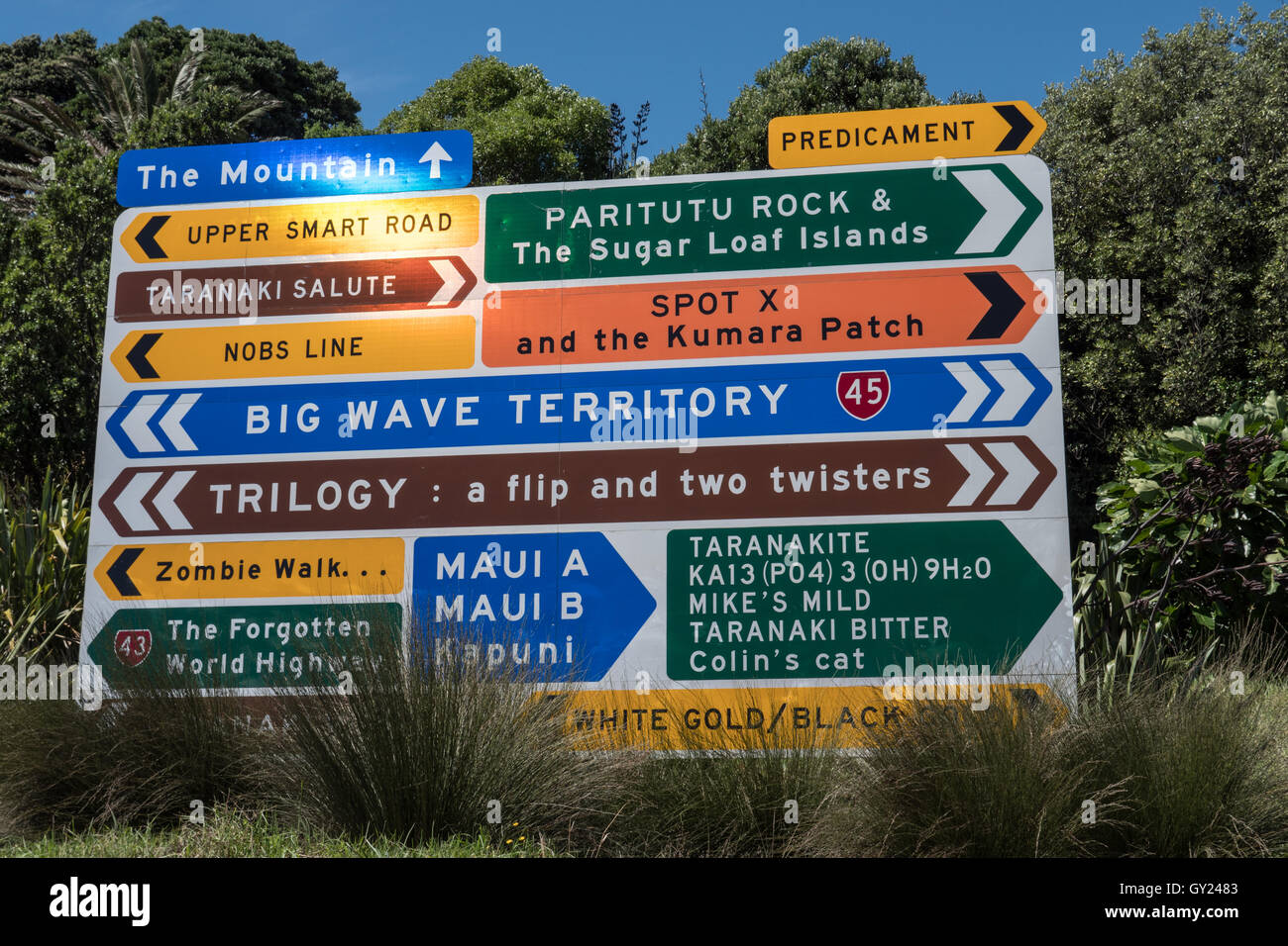 Kunst-Schild auf dem Küstenweg, New Plymouth, Nordinsel, Neuseeland. Stockfoto