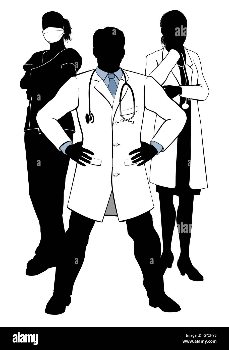 Ein Beispiel für eine Gruppe von Angehörigen des medizinischen Personals, Ärzte und Krankenschwestern in einem Team in der silhouette Stockfoto
