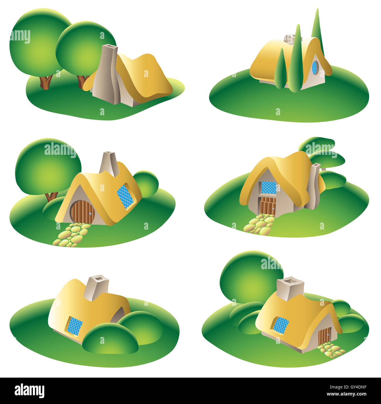 Fantasy Land Häuser isoliert auf weiss Stockfoto