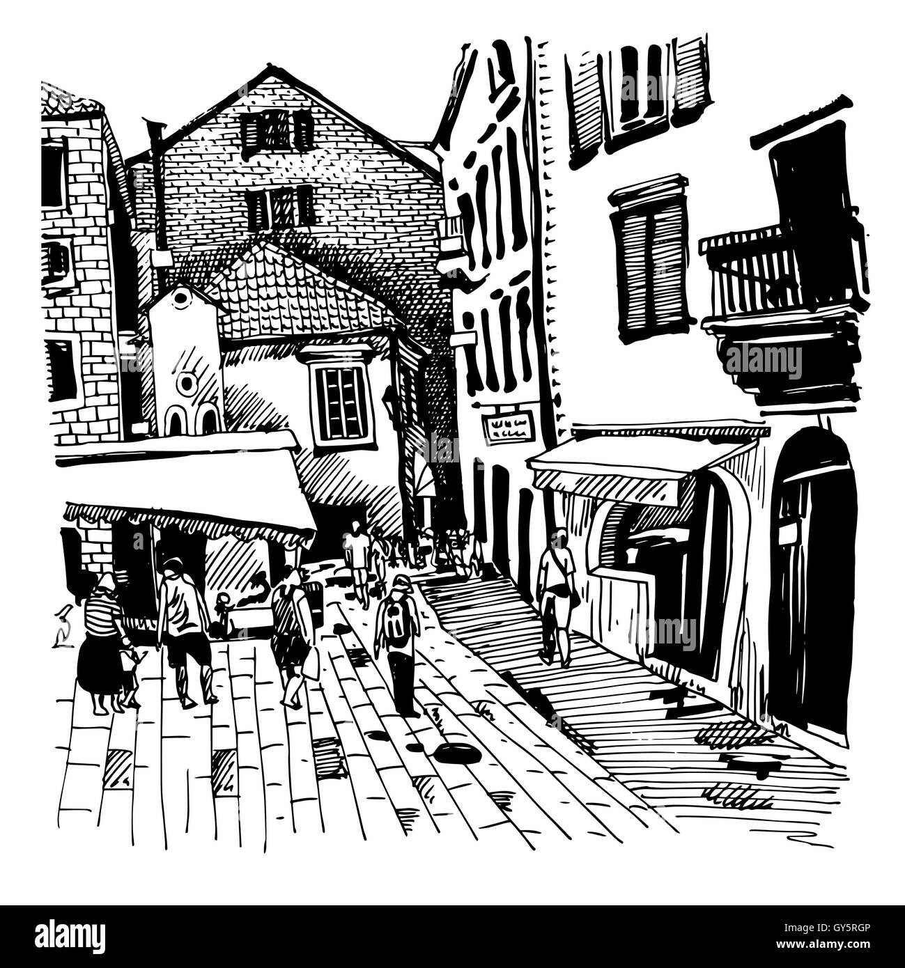 Skizze, Zeichnung von Kotor Straße Montenegro Stock Vektor