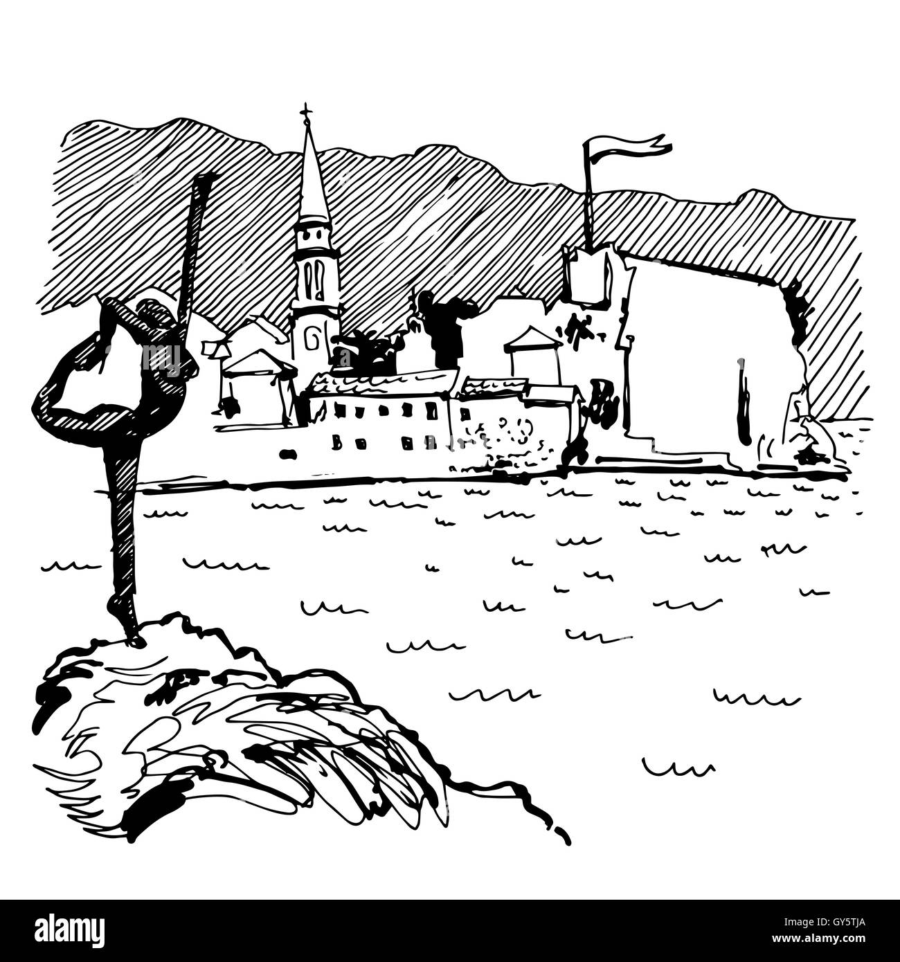 schwarze und weiße Skizze, Zeichnung von Budva Montenegro Draufsicht Stock Vektor