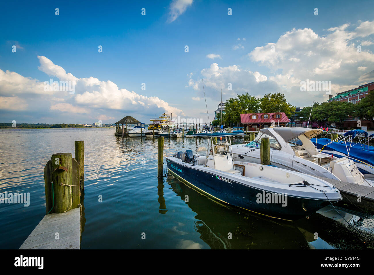 Docks und Boote am Potomac River-Ufer, in Alexandria, Virginia. Stockfoto