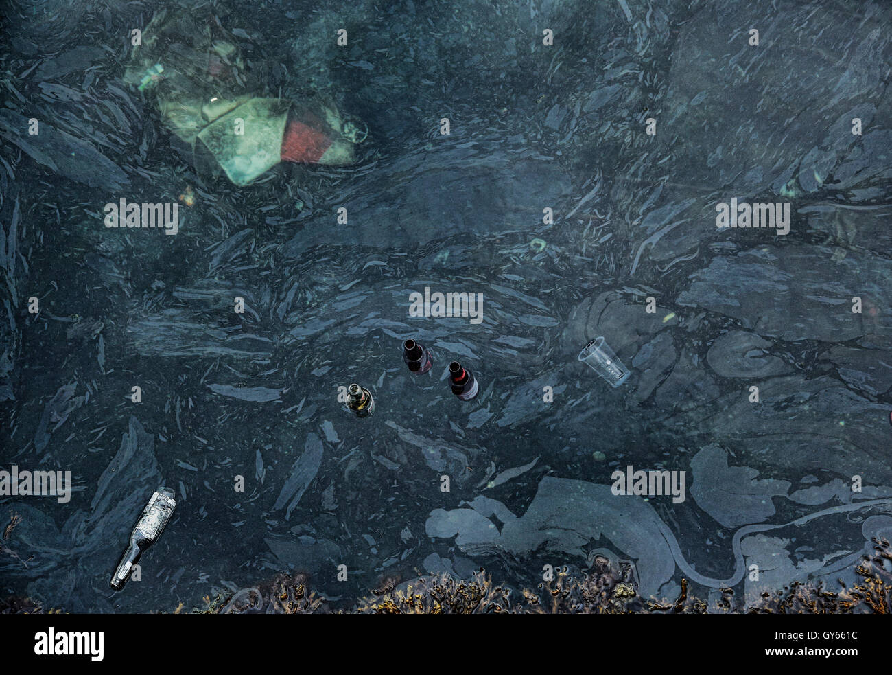 Verschmutzung im Hafen Stockfoto