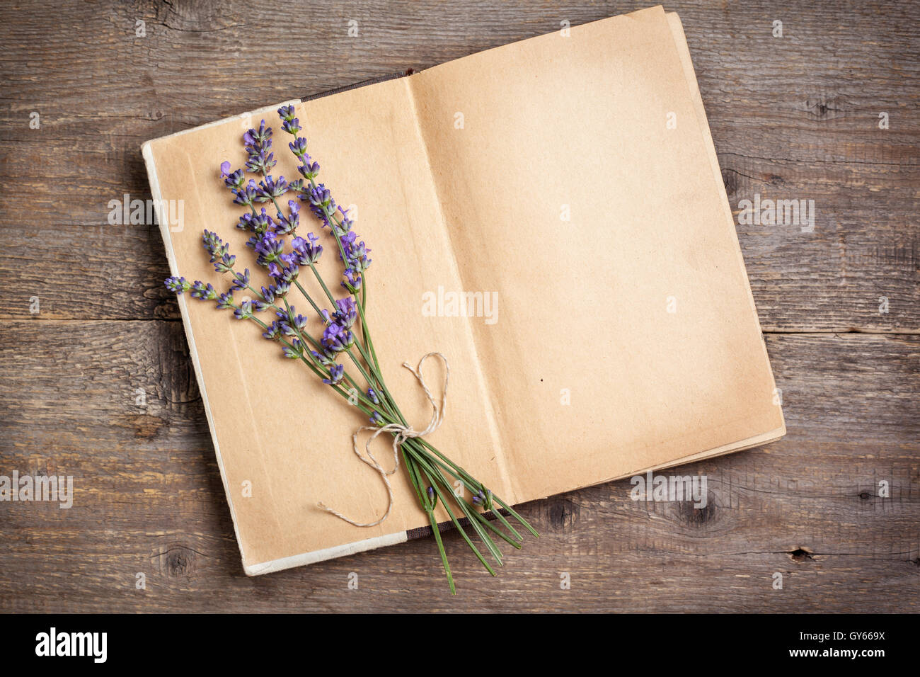 kleinen Blumenstrauß von Lavendel auf einem alten Buch auf einem alten hölzernen Hintergrund Stockfoto