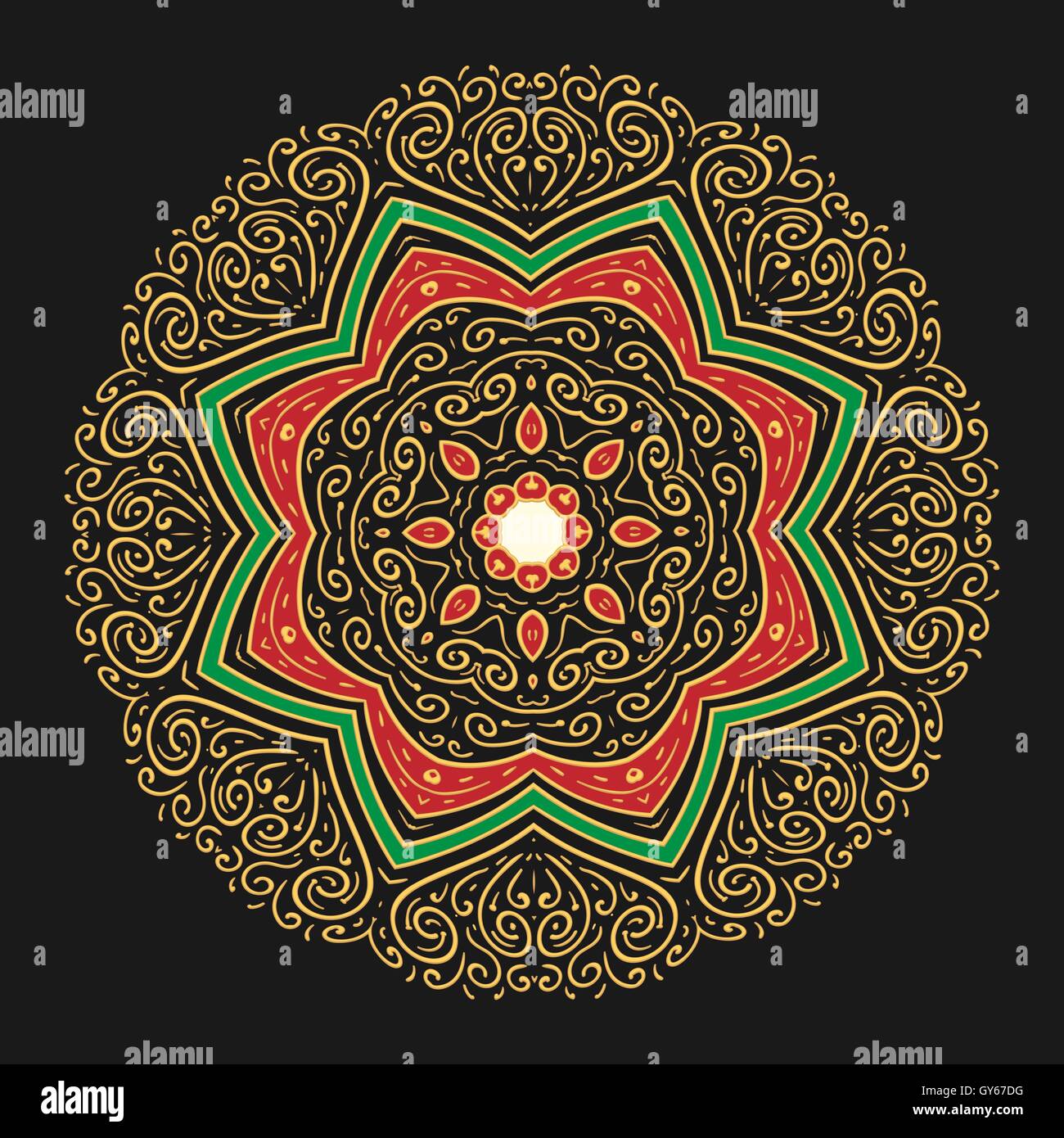 Handgezeichnete goldenen Mandala. Runde dekorative Element im asiatischen Meditation Stil gezeichnet. Vektor-Illustration. Stock Vektor
