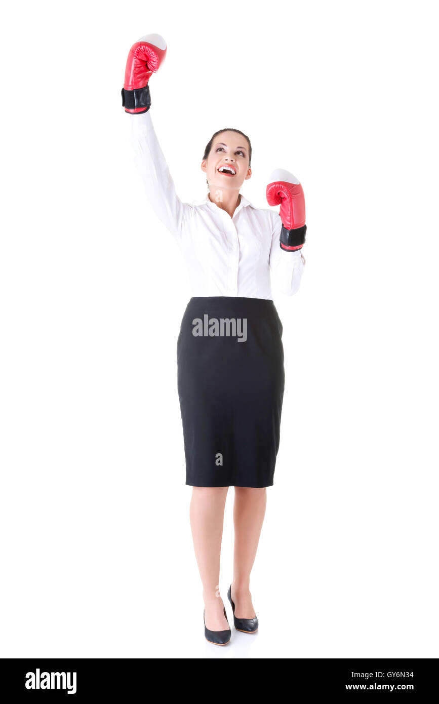 Business-Frau tragen Boxhandschuhe. Stockfoto